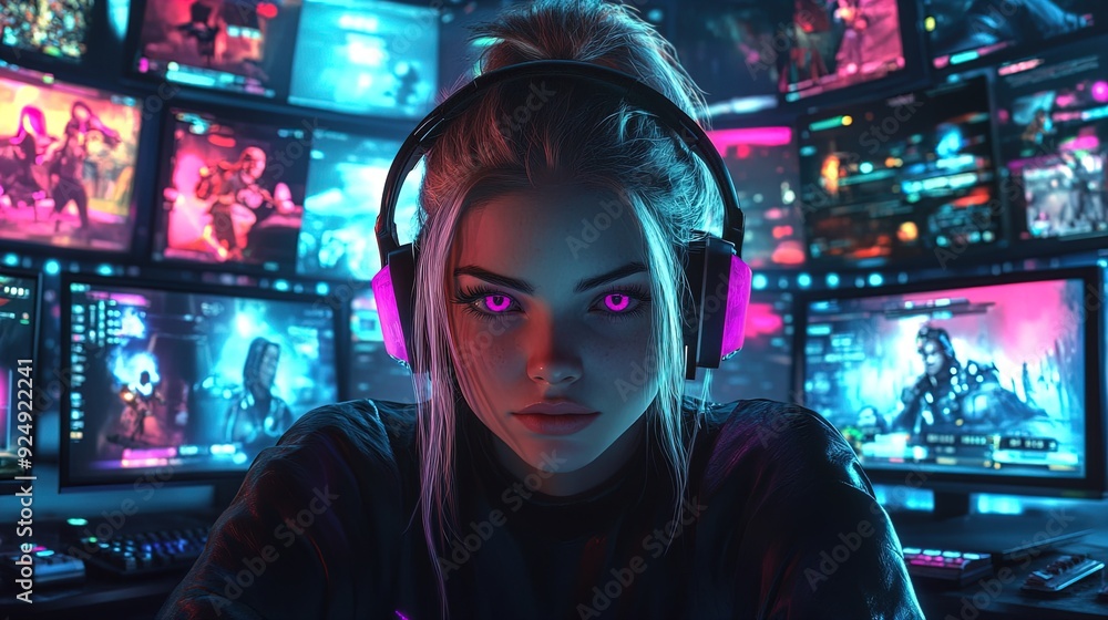 Immersive Gaming Atmosphere: A Striking Young Gamer with Pink Eyes and Futuristic Headphones - Perfect Poster for Esports and Gaming Room Decor! Immersive Gaming Atmosphere: A Striking Young Gamer with Pink Eyes and Futuristic Headphones - Perfect Poster for Esports and Gaming Room Decor!