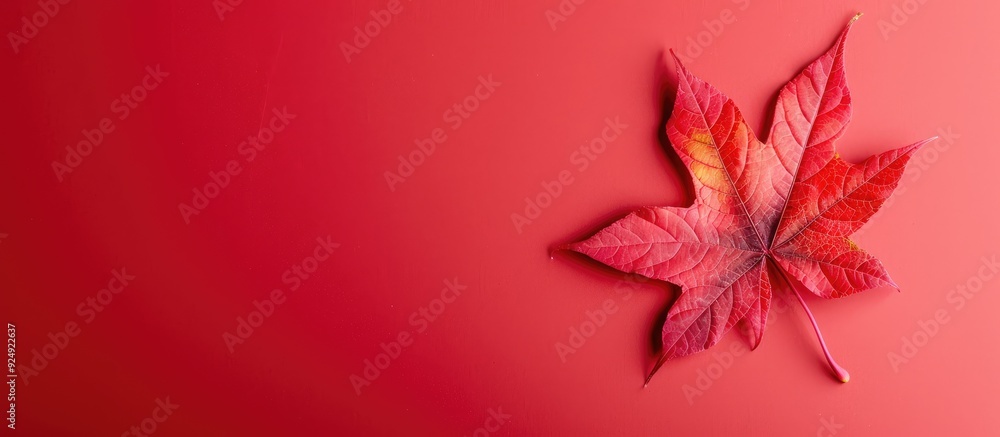 Red autumn maple leaf against a light red backdrop ideal for copy space image Red autumn maple leaf against a light red backdrop ideal for copy space image