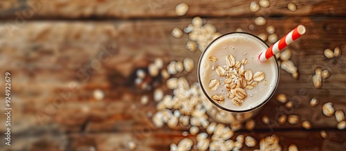 Wooden background featuring a glass of oat milk with a red paper straw leaving space for other elements in the image. Creative banner. Copyspace image photo