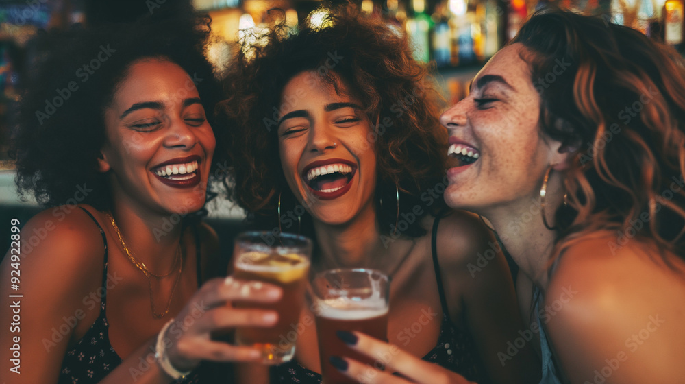 Three women laughing and enjoying drinks at a bar with colorful lights in the background. Three women laughing and enjoying drinks at a bar with colorful lights in the background.