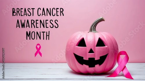 Pink halloween pumpkin and pink ribbon breast cancer symbol with phrase Breast Cancer Awareness Month, light pink background. photo