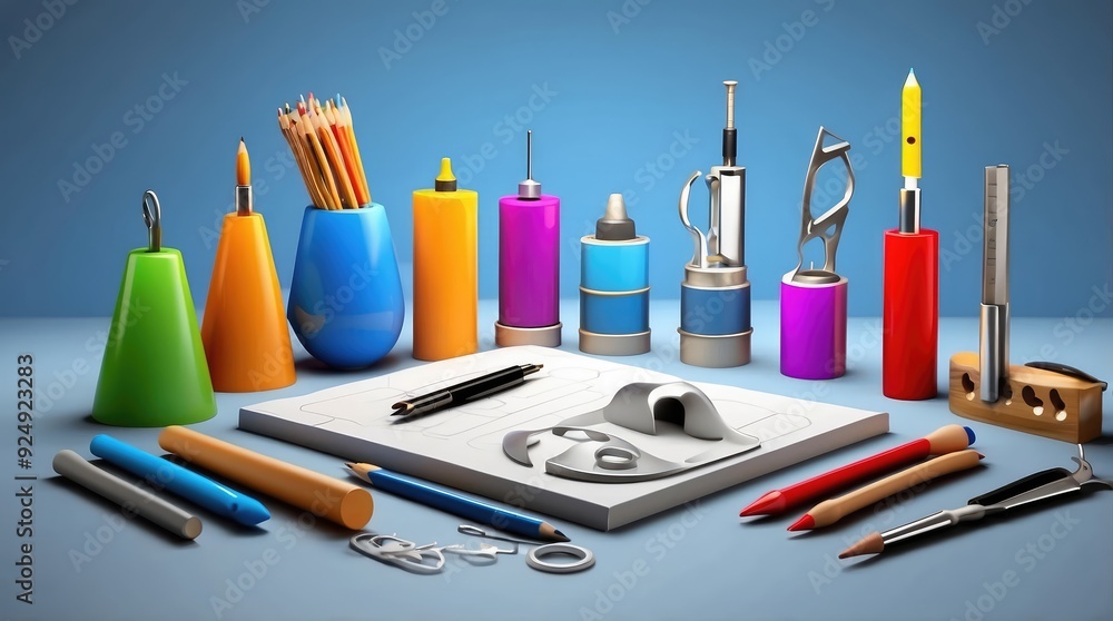 idea behind the current graphic design workflow. icons for tools and equipment used by graphic designers. three-dimensional rendering idea behind the current graphic design workflow. icons for tools and equipment used by graphic designers. three-dimensional rendering