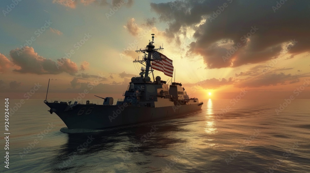 A large U.S. Navy ship sails on a calm sea at sunset, with an American flag on its hull. The sky is painted in warm hues, creating a peaceful contrast. A large U.S. Navy ship sails on a calm sea at sunset, with an American flag on its hull. The sky is painted in warm hues, creating a peaceful contrast.