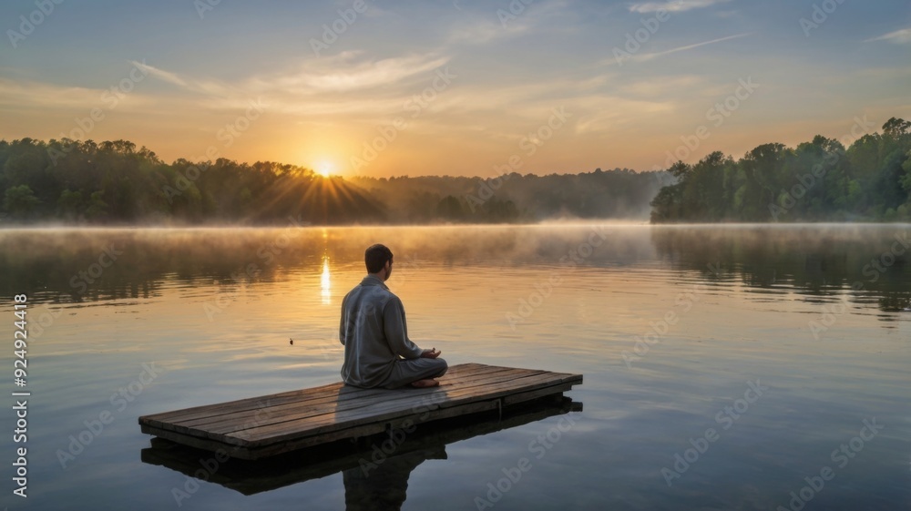 A peaceful scene of a person meditating by a serene lake at sunrise, with soft light reflecting off the water A peaceful scene of a person meditating by a serene lake at sunrise, with soft light reflecting off the water