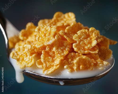 A macro shot of cornflakes on a spoon