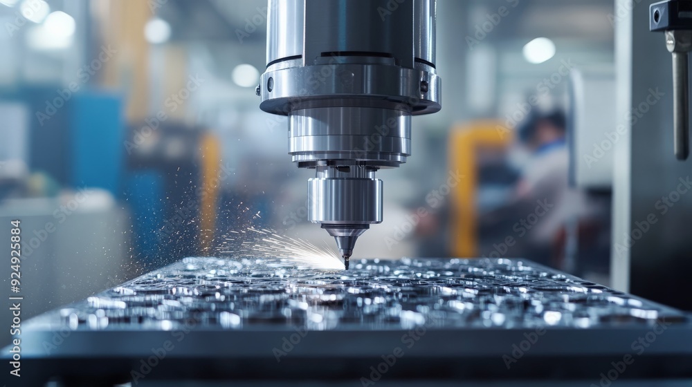 Close-up of a CNC machine in operation, precisely cutting metal with high-speed drilling in a modern industrial manufacturing workshop. Close-up of a CNC machine in operation, precisely cutting metal with high-speed drilling in a modern industrial manufacturing workshop.