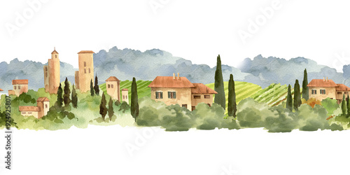 Watercolor Italy landscape with blue mountains, fields, vineyards, cypress trees, ancient towers, tiled roofs, rural houses, seamless border with Tuscany panorama, European view, for tourists card