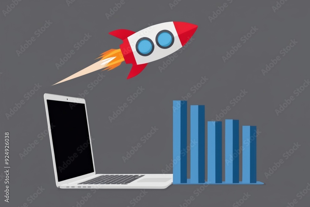 Rocket taking off from a laptop, bar graph in the background, concept of startup, data analysis and business. Rocket taking off from a laptop, bar graph in the background, concept of startup, data analysis and business.
