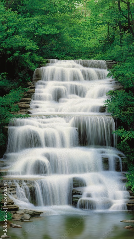 Obraz premium Cascading waterfall with lush greenery.
