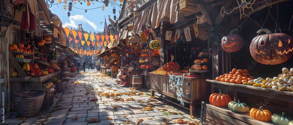 Fototapeta premium halloween market, halloween stalls, autumn market, seasonal treats, halloween paraphernalia, fall festivities, halloween decorations, spooky treats, autumn bazaar, halloween costumes, festive stalls.