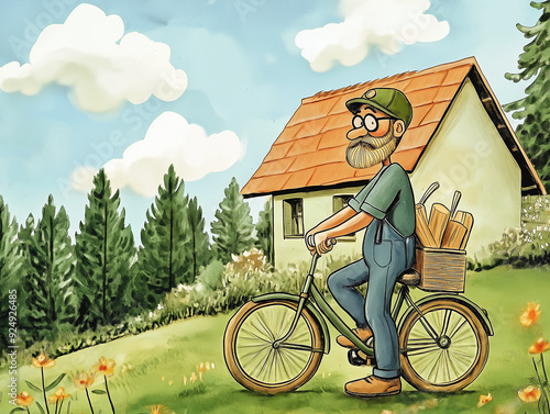 A bearded man in overalls rides a bicycle through a scenic countryside like a book illustration. A cozy house with a red roof is nestled among tall pine trees and vibrant flowers under a blue sky