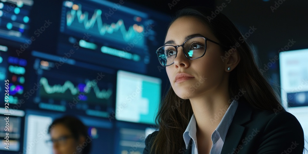 Focused professional analyzes market trends data charts. Focused professional analyzes market trends data charts.