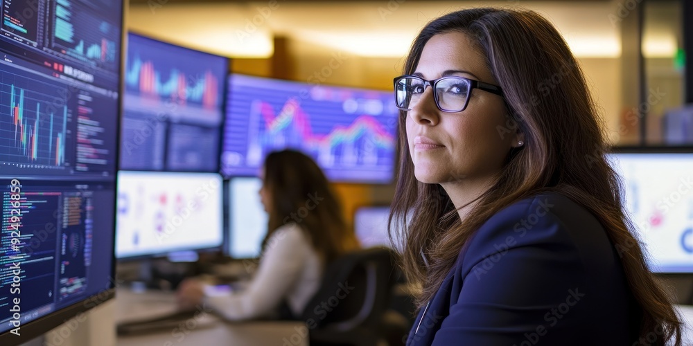 Financial analyst working at multiple monitoring screens. Financial analyst working at multiple monitoring screens.