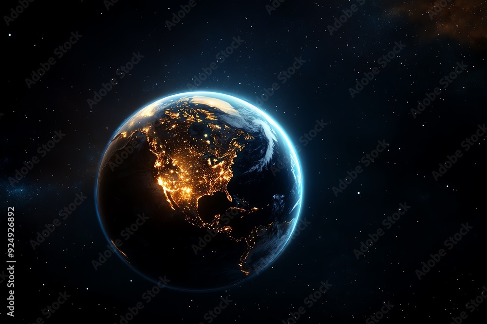 A breathtaking view of Earth from space, showcasing the glowing city lights of North America against a backdrop of twinkling stars. A breathtaking view of Earth from space, showcasing the glowing city lights of North America against a backdrop of twinkling stars.
