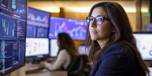 Financial analyst working at multiple monitoring screens. photo