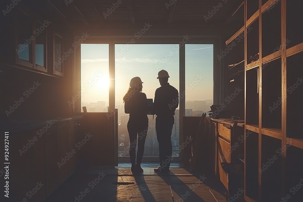 Silhouetted construction workers discussing in sunset view. Silhouetted construction workers discussing in sunset view.