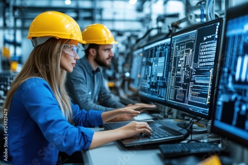 Technicians in a modern facility analyzing software schematics