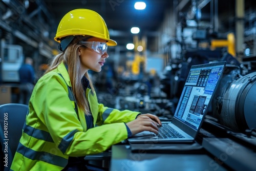 Engineer analyzing technical diagrams on laptop in factory