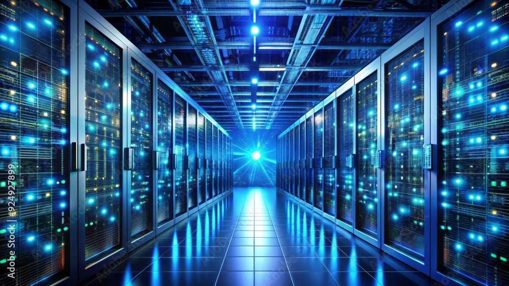 Rows of servers in a dimly lit data center filled with blinking lights and wires, surrounded by screens displaying streams of binary code and data visualizations. Rows of servers in a dimly lit data center filled with blinking lights and wires, surrounded by screens displaying streams of binary code and data visualizations.