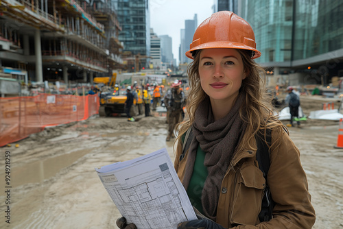 portrait of a woman with a helmet and blueprints in her hands at a construction site photo