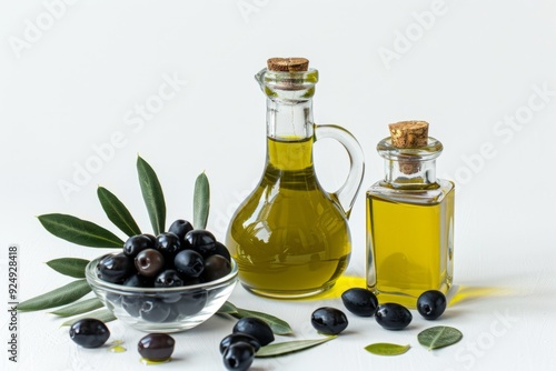 Fresh olives and olive oil in bottles placed on white background. Conceptual food photo. Perfect for culinary blogs, healthy living websites. Still life style. Generative AI