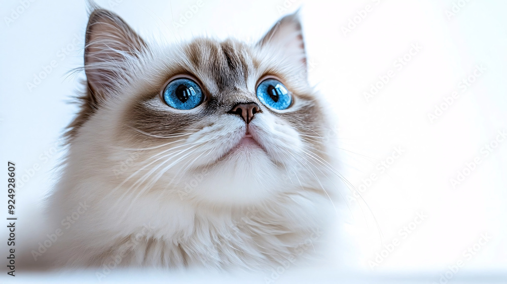 A close-up of a fluffy cat with striking bright blue eyes, gazing upward with a curious expression, against a clean white background, highlighting the cat's soft fur and captivating gaze A close-up of a fluffy cat with striking bright blue eyes, gazing upward with a curious expression, against a clean white background, highlighting the cat's soft fur and captivating gaze