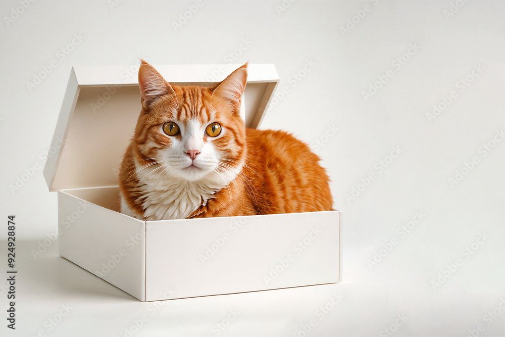 Cute orange cat playfully pop up from inside a white box, isolated white background