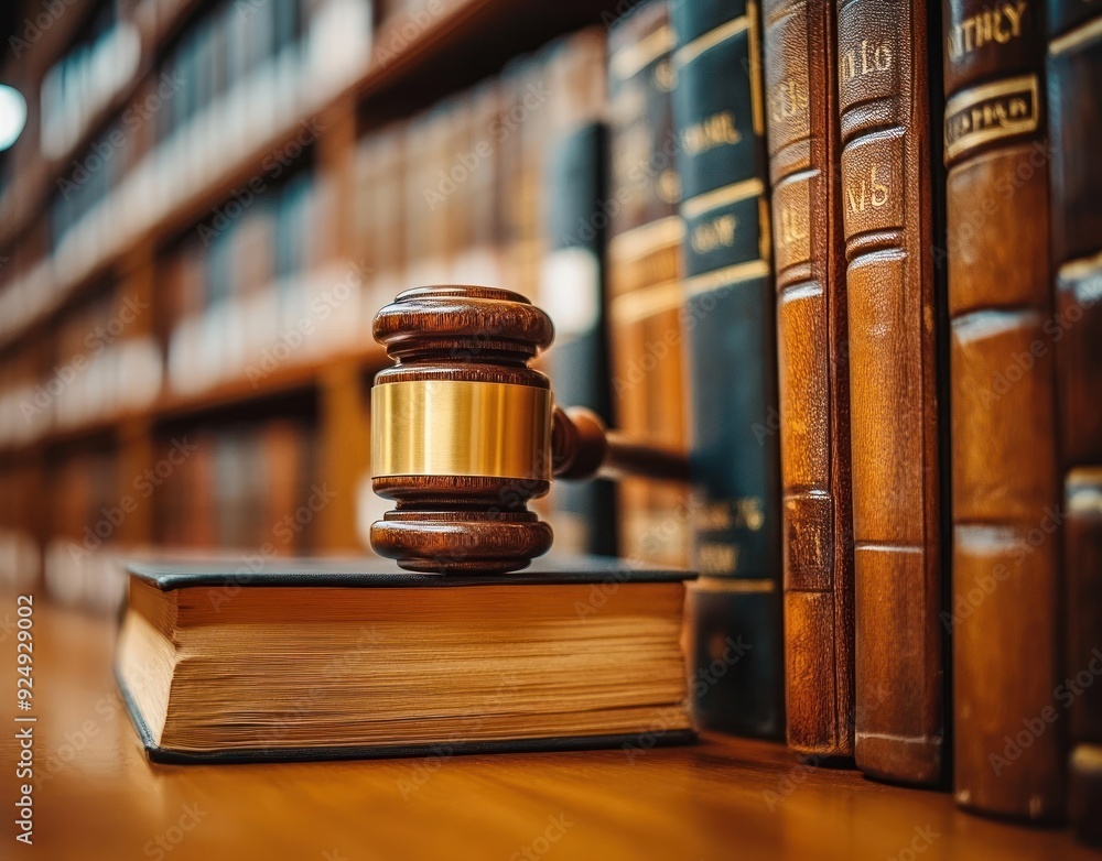 Close-up of a gavel resting on a legal book in library Close-up of a gavel resting on a legal book in library
