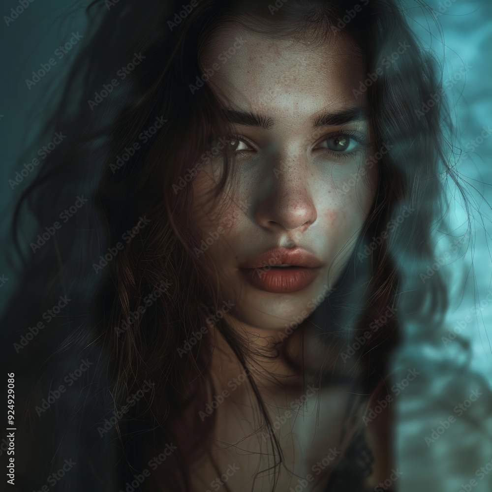 Moody portrait of a young woman with intense gaze. Conceptual art style. Perfect for emotional and introspective projects. Photo type is artistic portrait. Generative AI Moody portrait of a young woman with intense gaze. Conceptual art style. Perfect for emotional and introspective projects. Photo type is artistic portrait. Generative AI