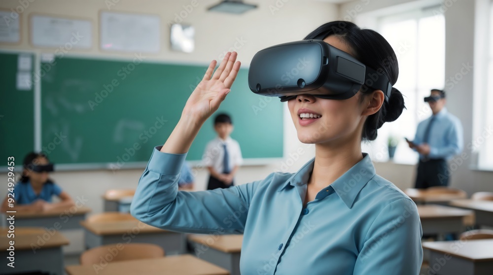 Teacher with virtual reality glasses, classroom in the background, back to school and technology concept. Teacher with virtual reality glasses, classroom in the background, back to school and technology concept.