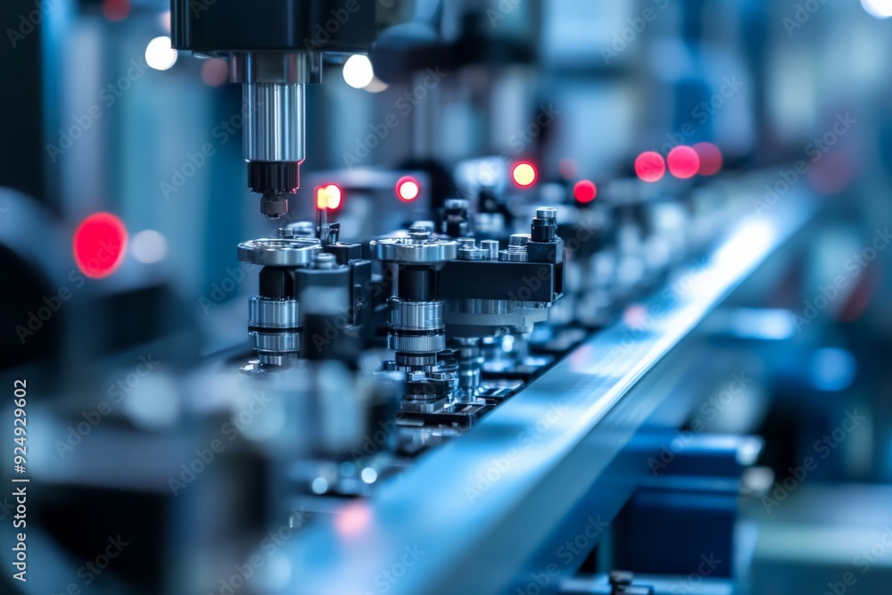 Close-up of a high-tech automated production line in a modern factory, showcasing advanced machinery and precise engineering. Close-up of a high-tech automated production line in a modern factory, showcasing advanced machinery and precise engineering.