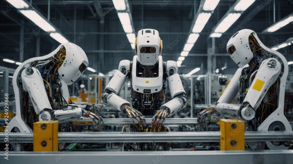 A humanoid robot and a human engineer working side by side on a high-tech assembly line in a modern factory A humanoid robot and a human engineer working side by side on a high-tech assembly line in a modern factory