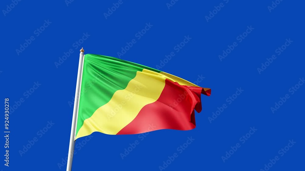 Flag of republic of congo on a blue screen, no background, flag on a flag pole waving in the wind, african country, national symbol of congo, picture of a flag Flag of republic of congo on a blue screen, no background, flag on a flag pole waving in the wind, african country, national symbol of congo, picture of a flag