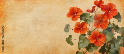 Square fashionable aged textured paper background featuring Tropaeolum majus the garden nasturtium. with copy space image. Place for adding text or design