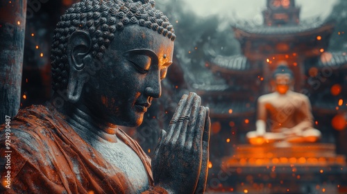 Praying monk and Buddha statue amidst temple ambience