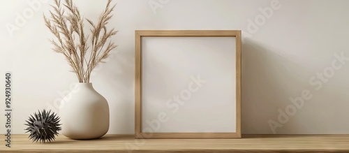 An empty photo frame and a vase with dry decorative spikes placed on a wooden table Design mockup. with copy space image. Place for adding text or design