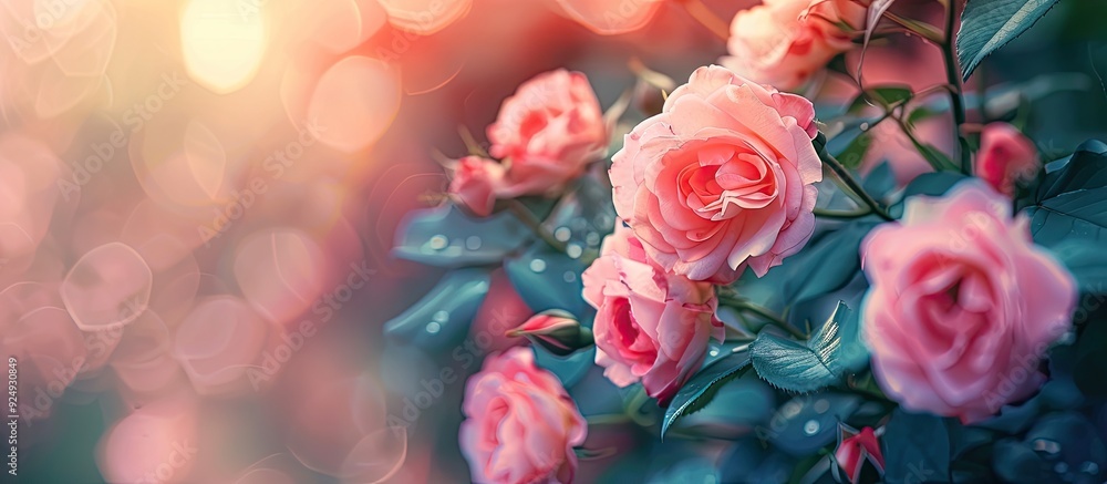 Lovely pink rose flowering in the garden with background space for copy text or your words Lovely pink rose flowering in the garden with background space for copy text or your words