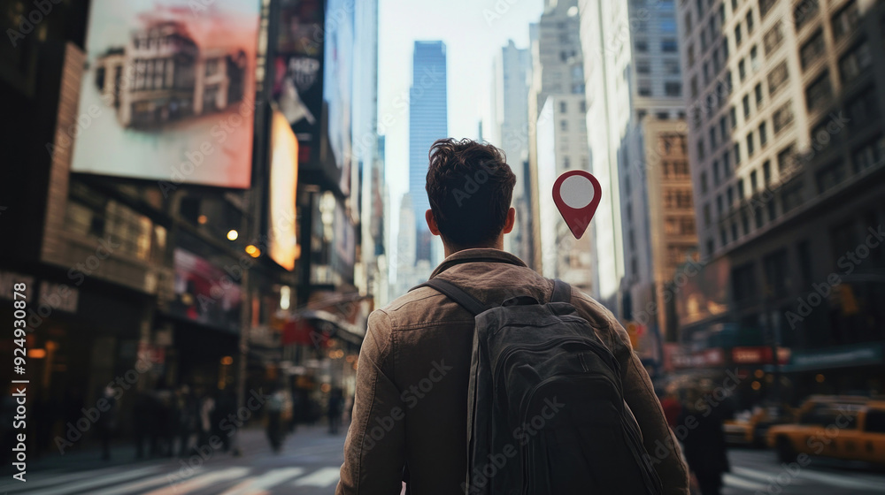 Backpacker exploring city streets surrounded by skyscrapers. Backpacker exploring city streets surrounded by skyscrapers.
