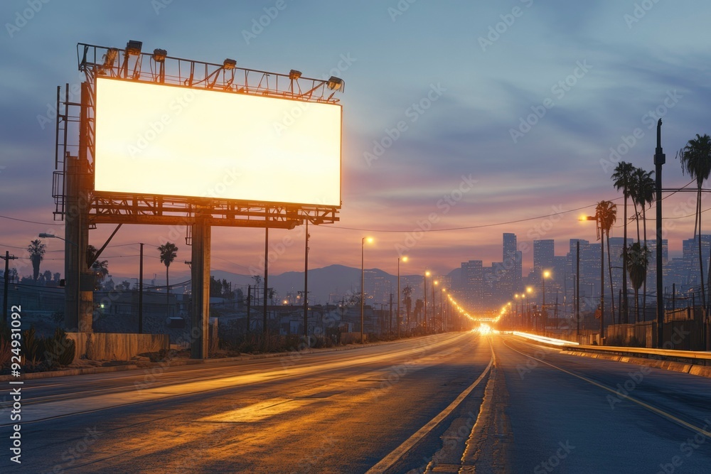 Blank Billboard on Highway at Twilight with City Skyline in Background Blank Billboard on Highway at Twilight with City Skyline in Background