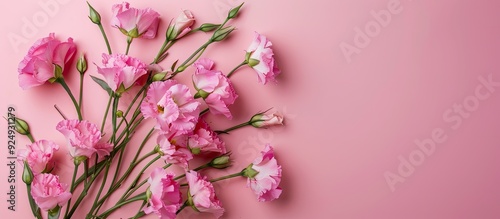 Soft pink eustomas on a beige backdrop Natural setting featuring a bouquet of flowers with copy space Top view photo