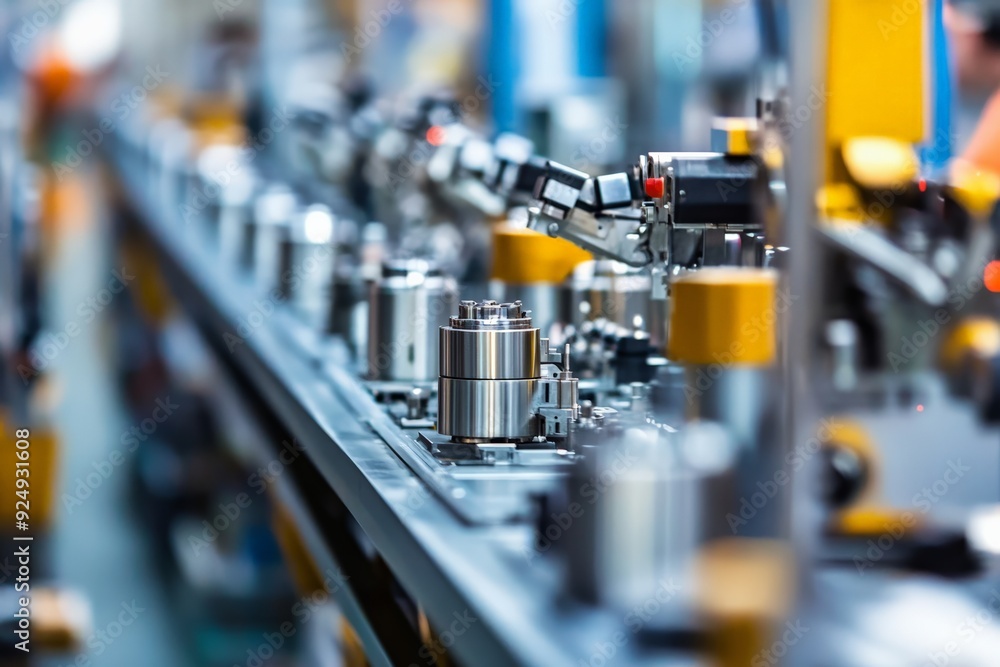 Close-up of a modern automated production line in a high-tech manufacturing factory, showcasing precision engineering and advanced technology. Close-up of a modern automated production line in a high-tech manufacturing factory, showcasing precision engineering and advanced technology.