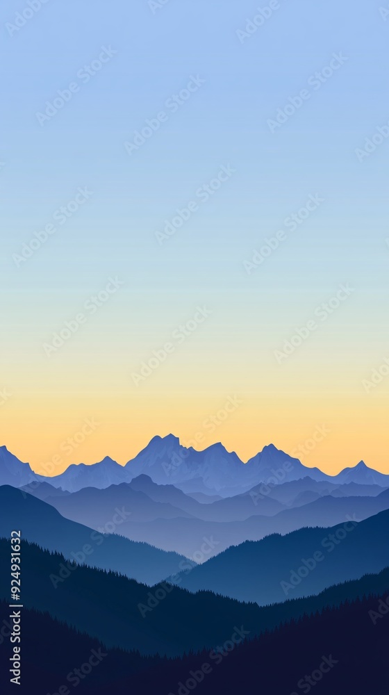 Obraz premium Silhouetted mountain range with a yellow and blue sky in the background.