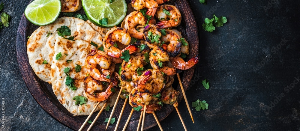Shrimp skewers served with flatbread and lime. with copy space image. Place for adding text or design Shrimp skewers served with flatbread and lime. with copy space image. Place for adding text or design