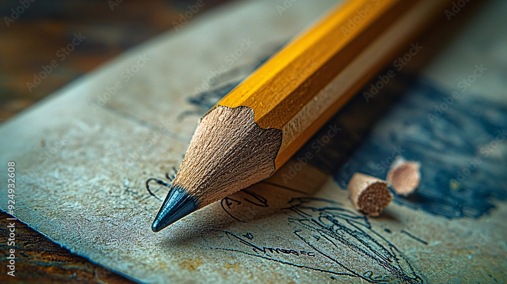 A close-up of a sharpened yellow pencil resting on a piece of paper with sketches, accompanied by small pencil shavings, emphasizing creativity and the beginning of a drawing process A close-up of a sharpened yellow pencil resting on a piece of paper with sketches, accompanied by small pencil shavings, emphasizing creativity and the beginning of a drawing process