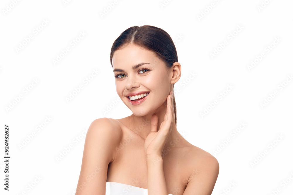 Happy young woman with hands on face, isolated on white background Happy young woman with hands on face, isolated on white background
