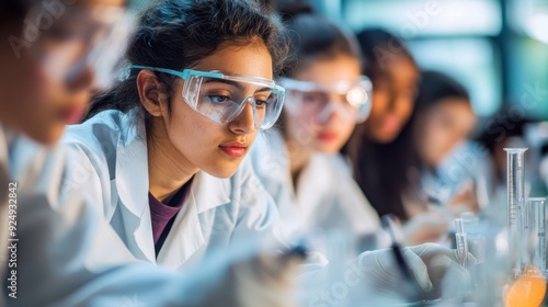 A vibrant and dynamic scene in a university lab where students are conducting experiments, wearing lab coats and safety goggles, each group working on different scientific projects, from chemistry to