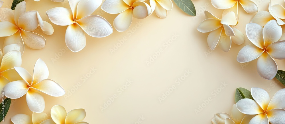Fototapeta premium Festive plumeria flowers arrangement suited for any ceremony celebration invitation card frame copy space overhead view or backdrop