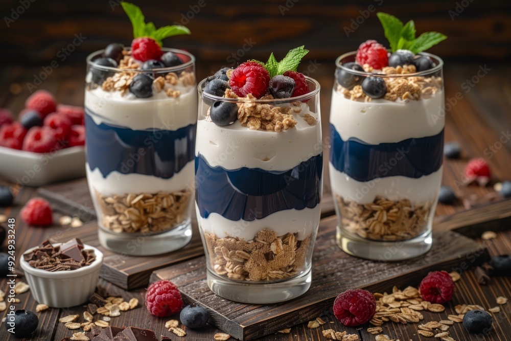 Delicious Parfait Dessert in Glasses with Berries and Granola. Elegant dessert presentation for a gourmet experience. Perfect for food photography, cooking blogs, and recipe inspirations Delicious Parfait Dessert in Glasses with Berries and Granola. Elegant dessert presentation for a gourmet experience. Perfect for food photography, cooking blogs, and recipe inspirations
