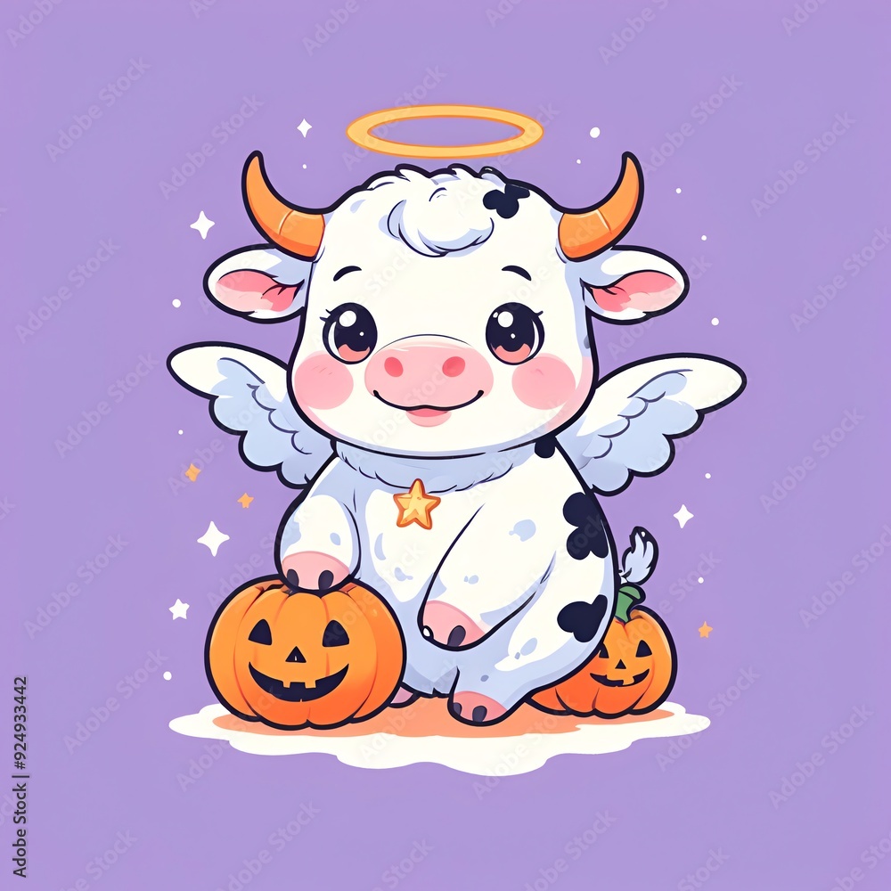 Cute Angel Cow with Pumpkins Cute Angel Cow with Pumpkins