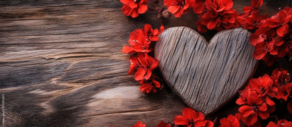 red flowers alongside a wooden heart. with copy space image. Place for adding text or design red flowers alongside a wooden heart. with copy space image. Place for adding text or design